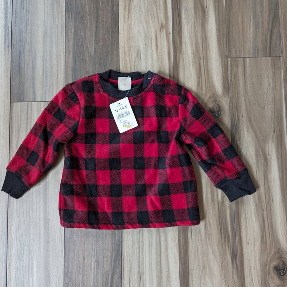 NWT JOE FRESH Baby Boys Fleece Top Red Plaid Check Neck Cardigan 12-18 M… - Picture 2 of 6